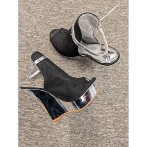 MackinJ Women's Size 6.5 Wedge Peep Toe Sandals Black Suede Silver Chrome